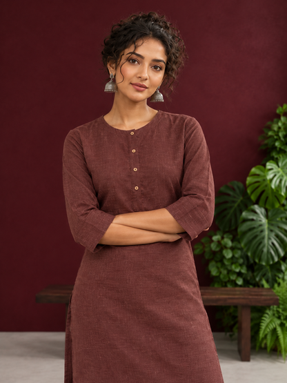 Rustic Brown Cotton Kurta with Round Neck — styled view