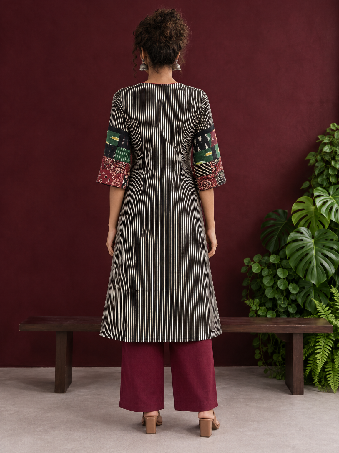 Timeless Black and Off-White Striped Cotton Ajrakh Kurta with Multicolor Patchwork Sleeve Panels — back view — view 2