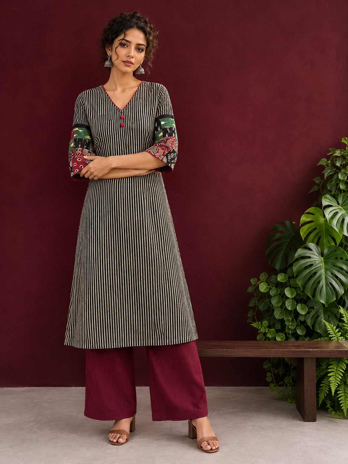 Timeless Black and Off-White Striped Cotton Ajrakh Kurta with Multicolor Patchwork Sleeve Panels — front view — view 4