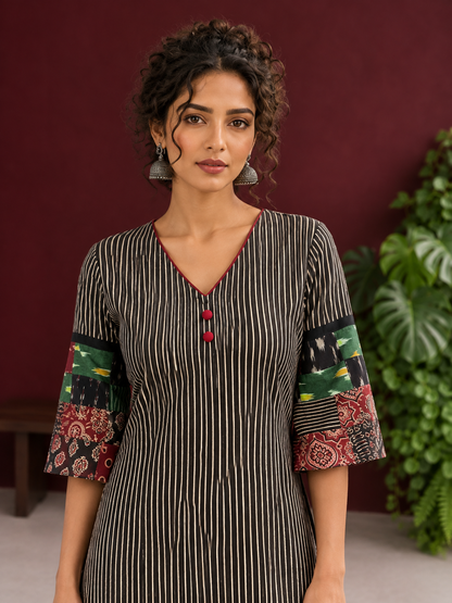 Timeless Black and Off-White Striped Cotton Ajrakh Kurta with Multicolor Patchwork Sleeve Panels — styled view