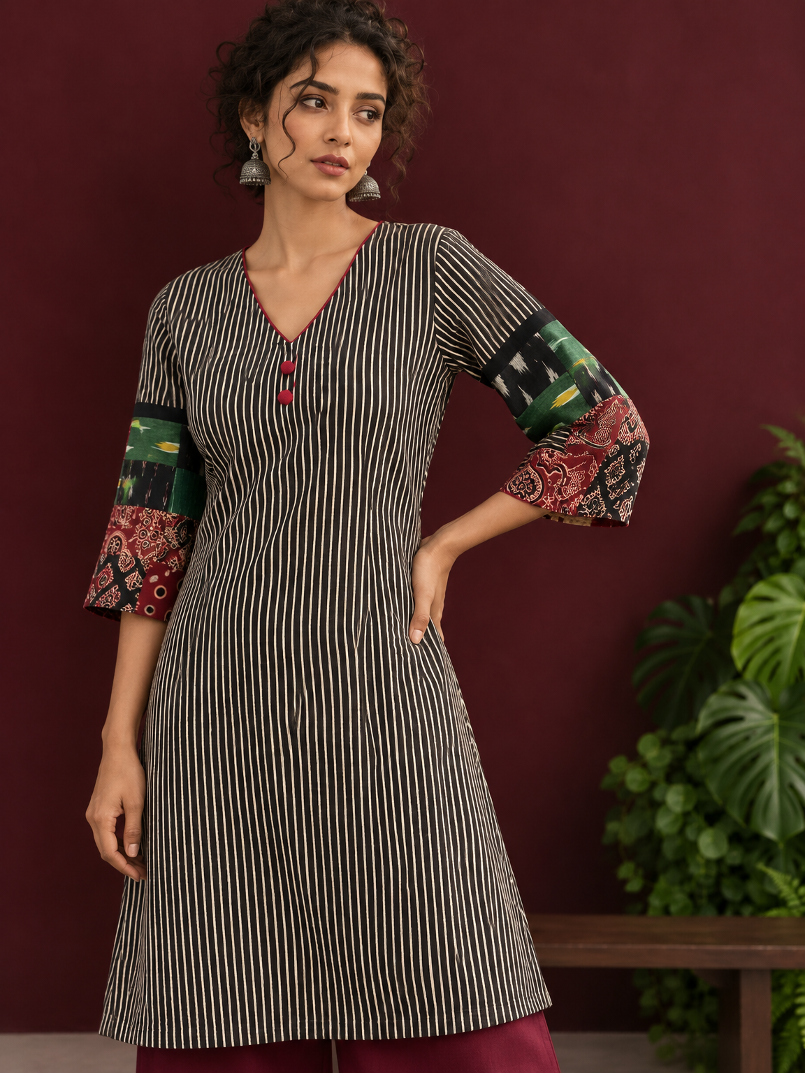 Timeless Black and Off-White Striped Cotton Ajrakh Kurta with Multicolor Patchwork Sleeve Panels — fabric detail — view 3