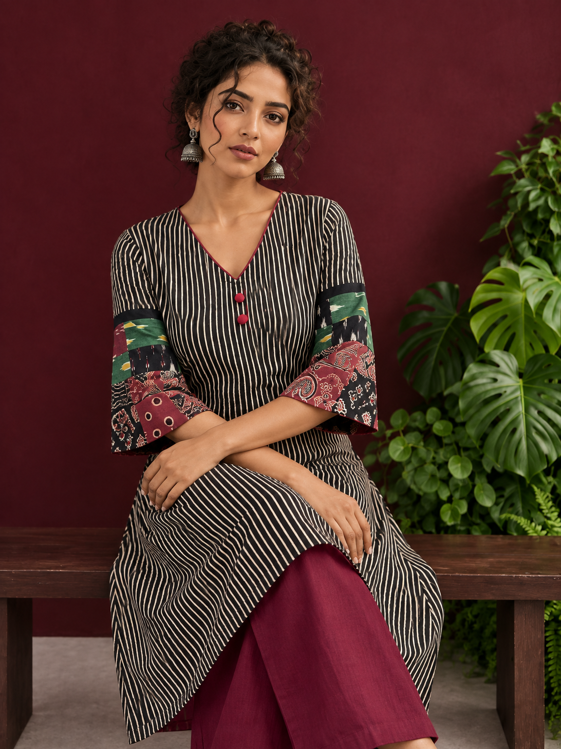 Timeless Black and Off-White Striped Cotton Ajrakh Kurta with Multicolor Patchwork Sleeve Panels — seated detail — view 6