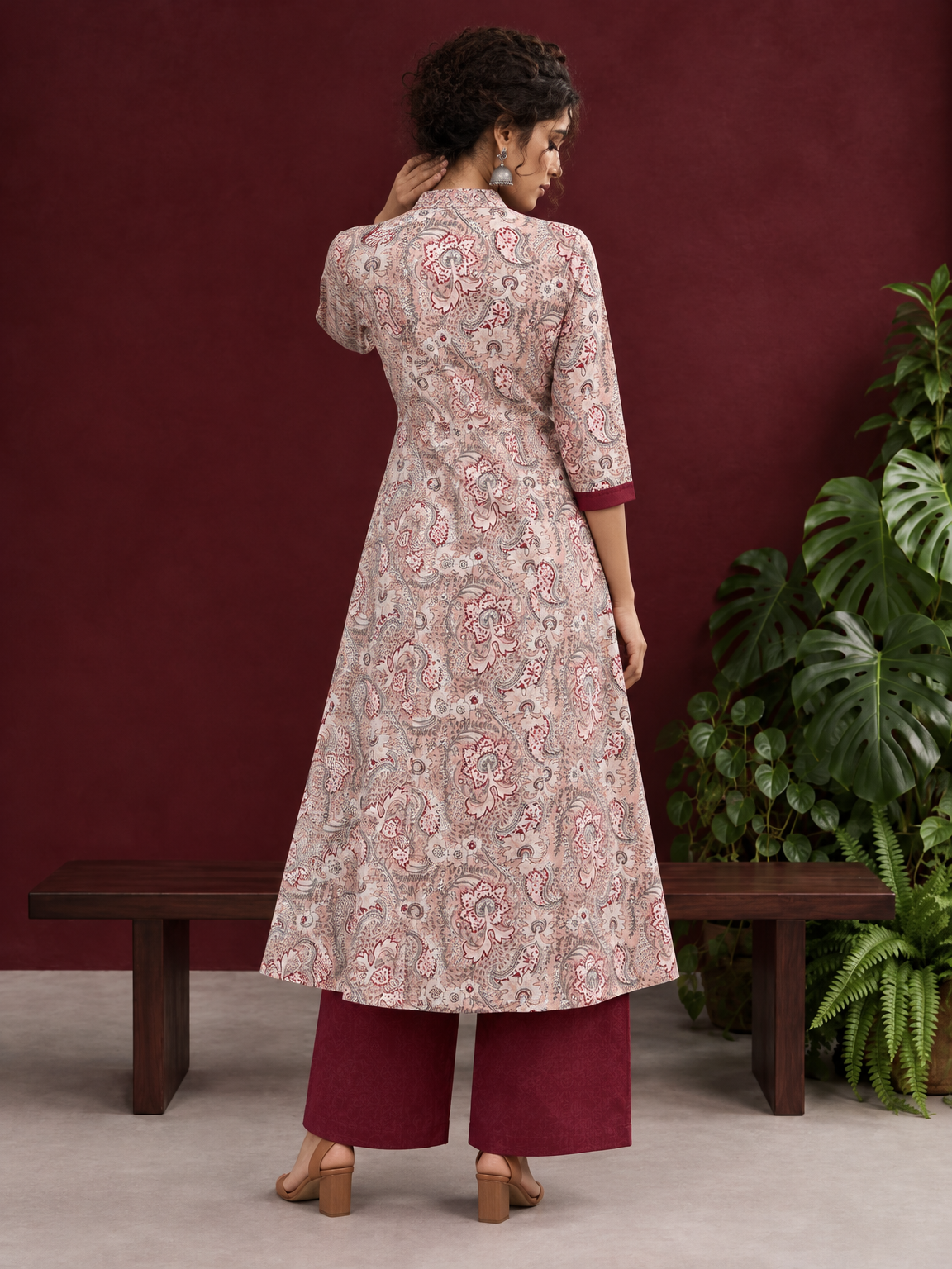Pink Cotton Paisley Print Kurta with Maroon Button Placket and Contrast Cuffs — back view — view 2