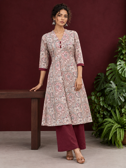 Pink Cotton Paisley Print Kurta with Maroon Button Placket and Contrast Cuffs — front view