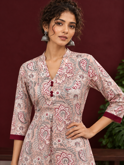 Pink Cotton Paisley Print Kurta with Maroon Button Placket and Contrast Cuffs — styled view