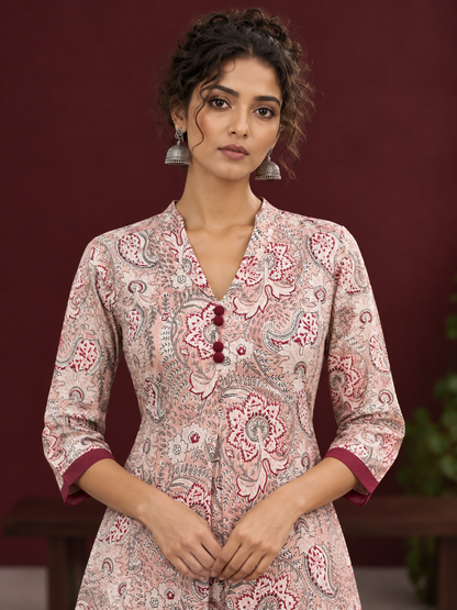 Pink Cotton Paisley Print Kurta with Maroon Button Placket and Contrast Cuffs — fabric detail