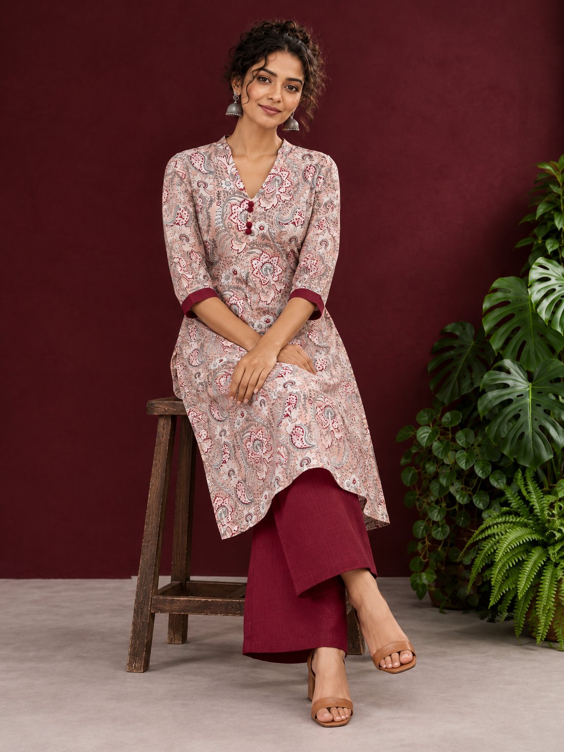 Pink Cotton Paisley Print Kurta with Maroon Button Placket and Contrast Cuffs — seated — view 6