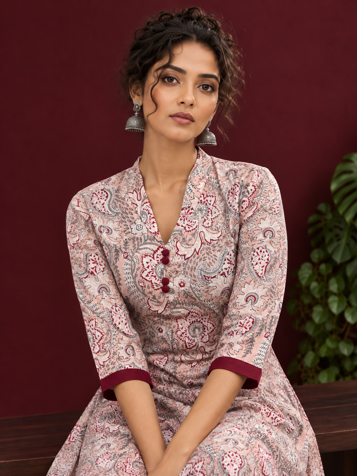 Pink Cotton Paisley Print Kurta with Maroon Button Placket and Contrast Cuffs — seated detail — view 5