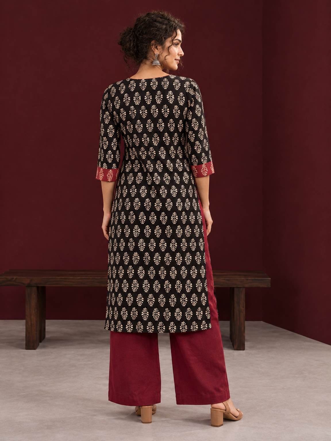 Elegant Black Cotton Ajrakh Kurta with Maroon Contrast Piping, Buttons & Ajrakh Floral Motif Print — back view — view 2