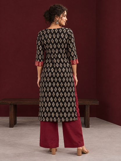 Elegant Black Cotton Ajrakh Kurta with Maroon Contrast Piping, Buttons & Ajrakh Floral Motif Print — back view