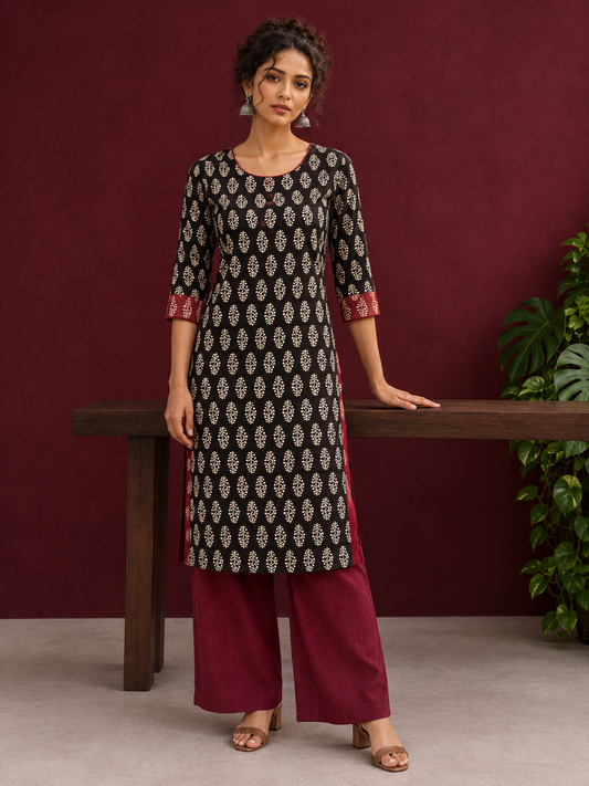 Elegant Black Cotton Ajrakh Kurta with Maroon Contrast Piping, Buttons & Ajrakh Floral Motif Print — front view