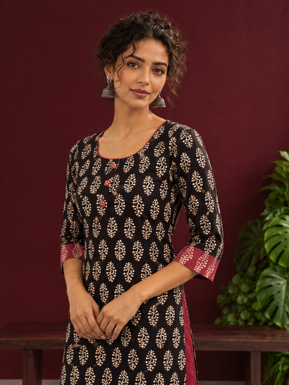 Elegant Black Cotton Ajrakh Kurta with Maroon Contrast Piping, Buttons & Ajrakh Floral Motif Print — styled view