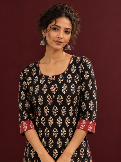 Elegant Black Cotton Ajrakh Kurta with Maroon Contrast Piping, Buttons & Ajrakh Floral Motif Print — fabric detail