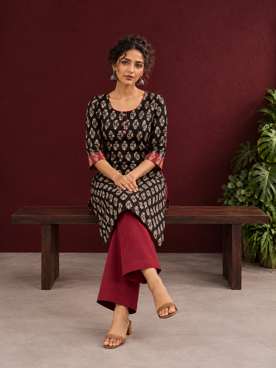 Elegant Black Cotton Ajrakh Kurta with Maroon Contrast Piping, Buttons & Ajrakh Floral Motif Print — seated — view 6
