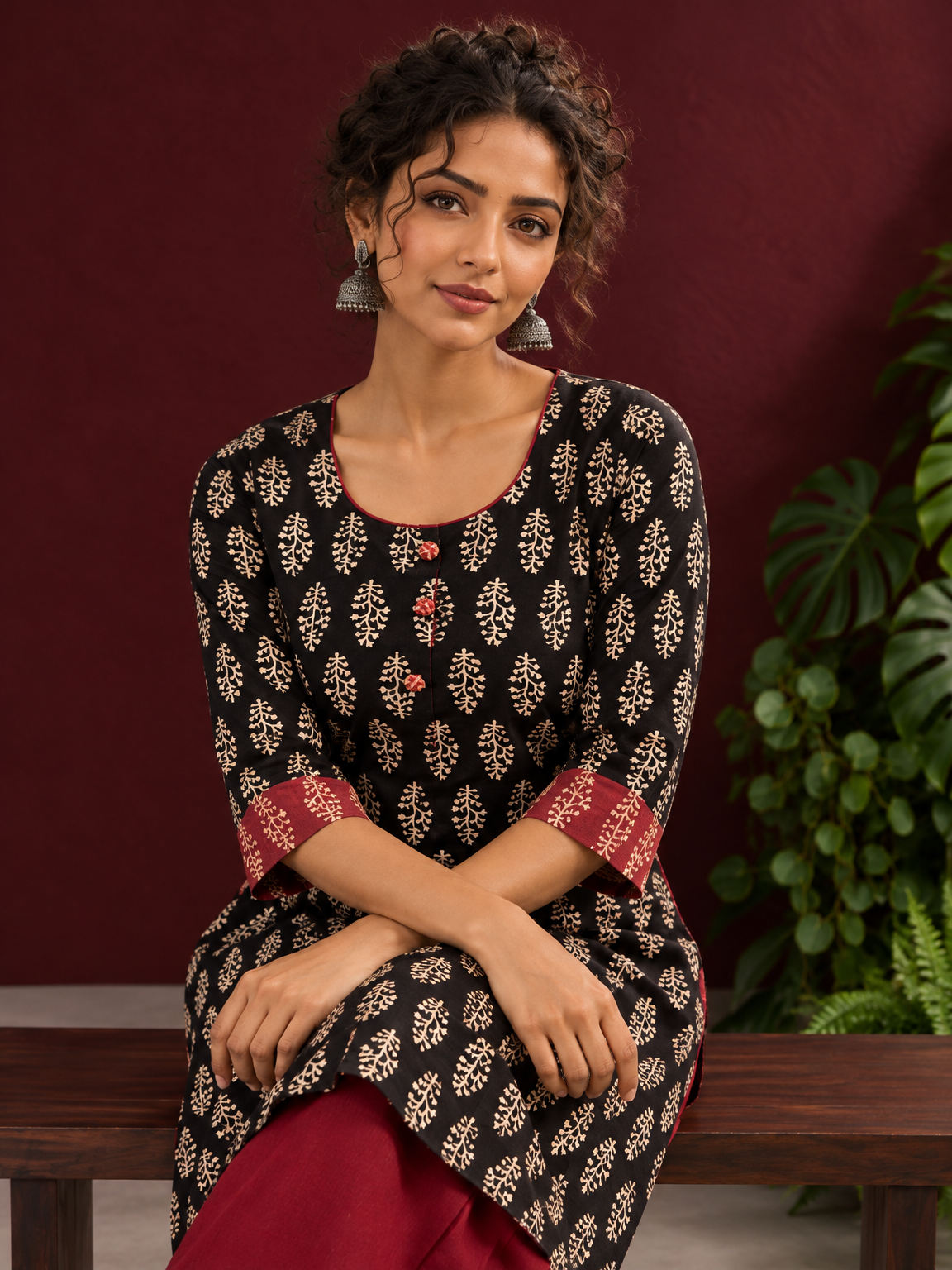 Elegant Black Cotton Ajrakh Kurta with Maroon Contrast Piping, Buttons & Ajrakh Floral Motif Print — seated detail — view 5