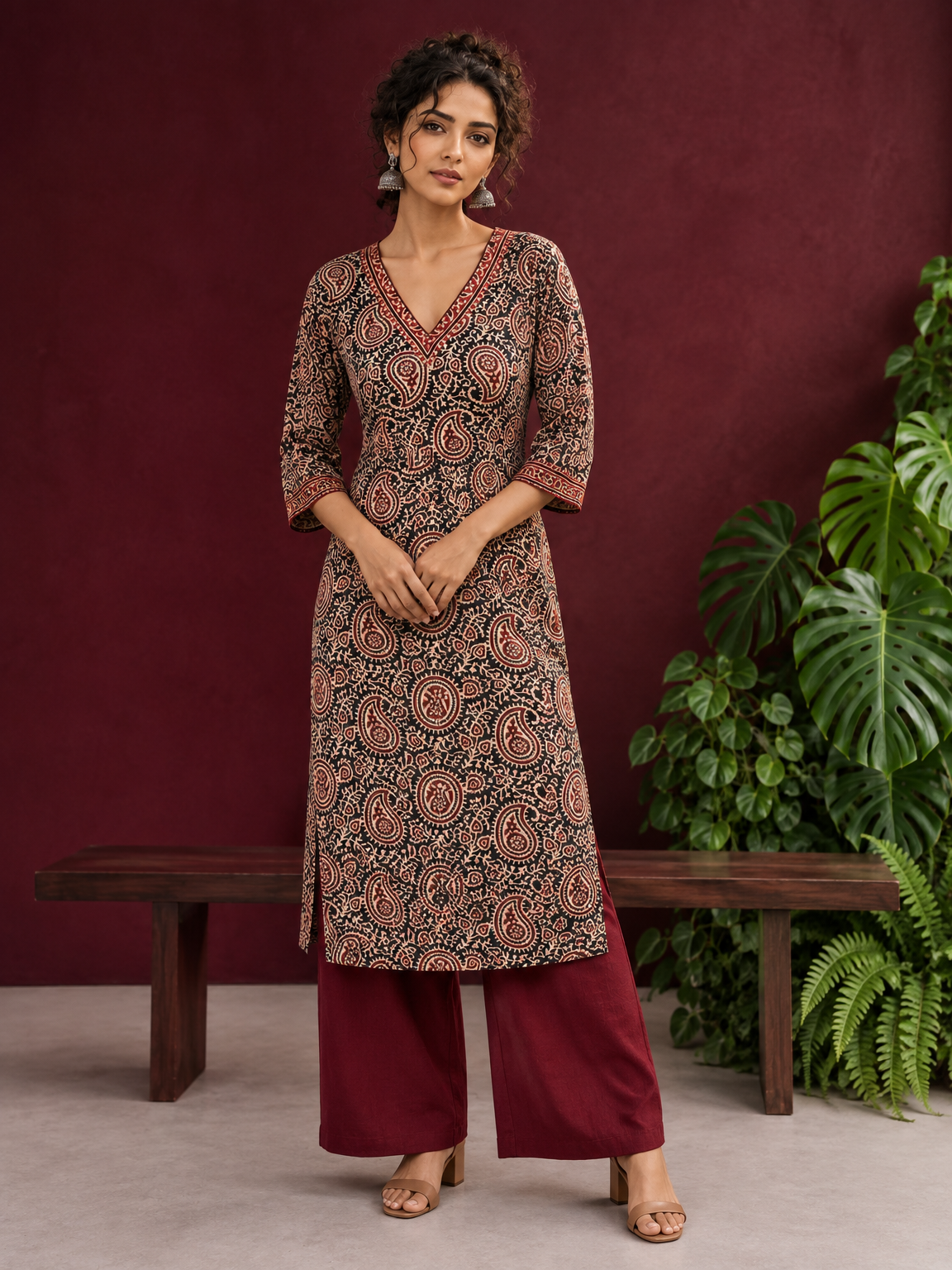Black Cotton Ajrakh Print Kurta with Maroon Paisley Motifs and Contrast V-Neck Border — front view — view 4