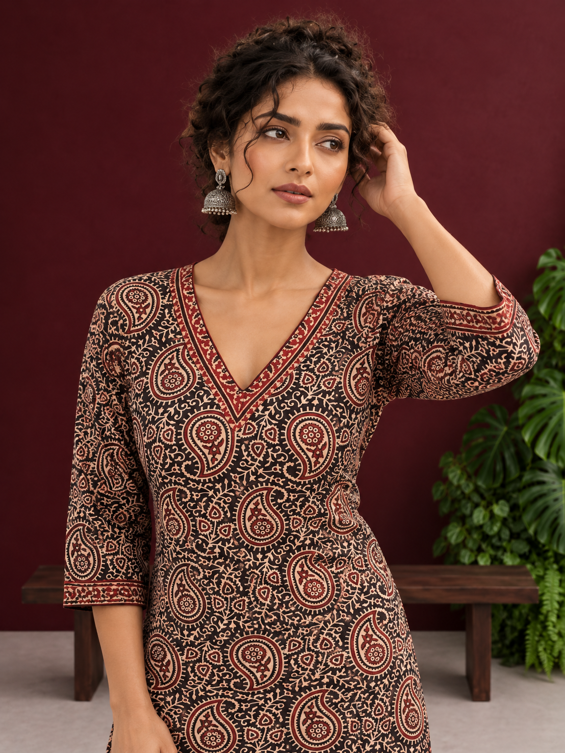 Black Cotton Ajrakh Print Kurta with Maroon Paisley Motifs and Contrast V-Neck Border — styled view — view 5