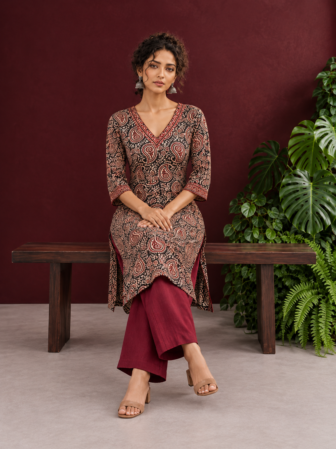 Black Cotton Ajrakh Print Kurta with Maroon Paisley Motifs and Contrast V-Neck Border