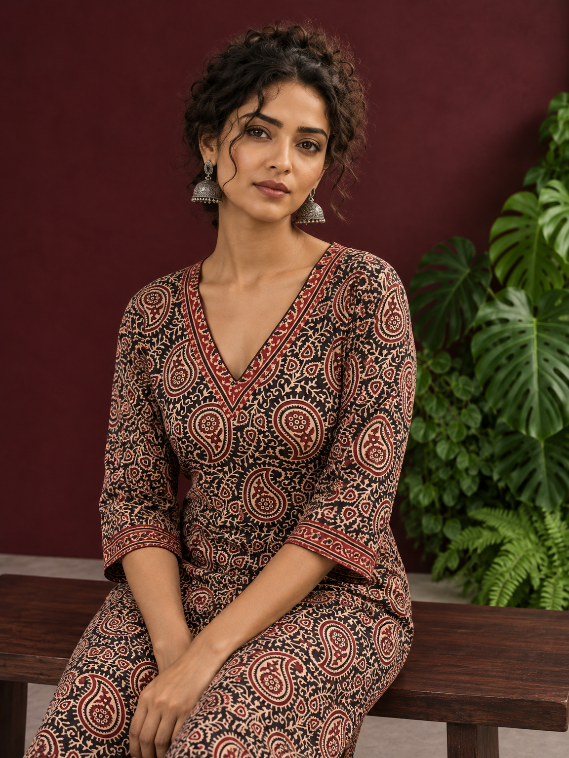 Black Cotton Ajrakh Print Kurta with Maroon Paisley Motifs and Contrast V-Neck Border — seated detail — view 6