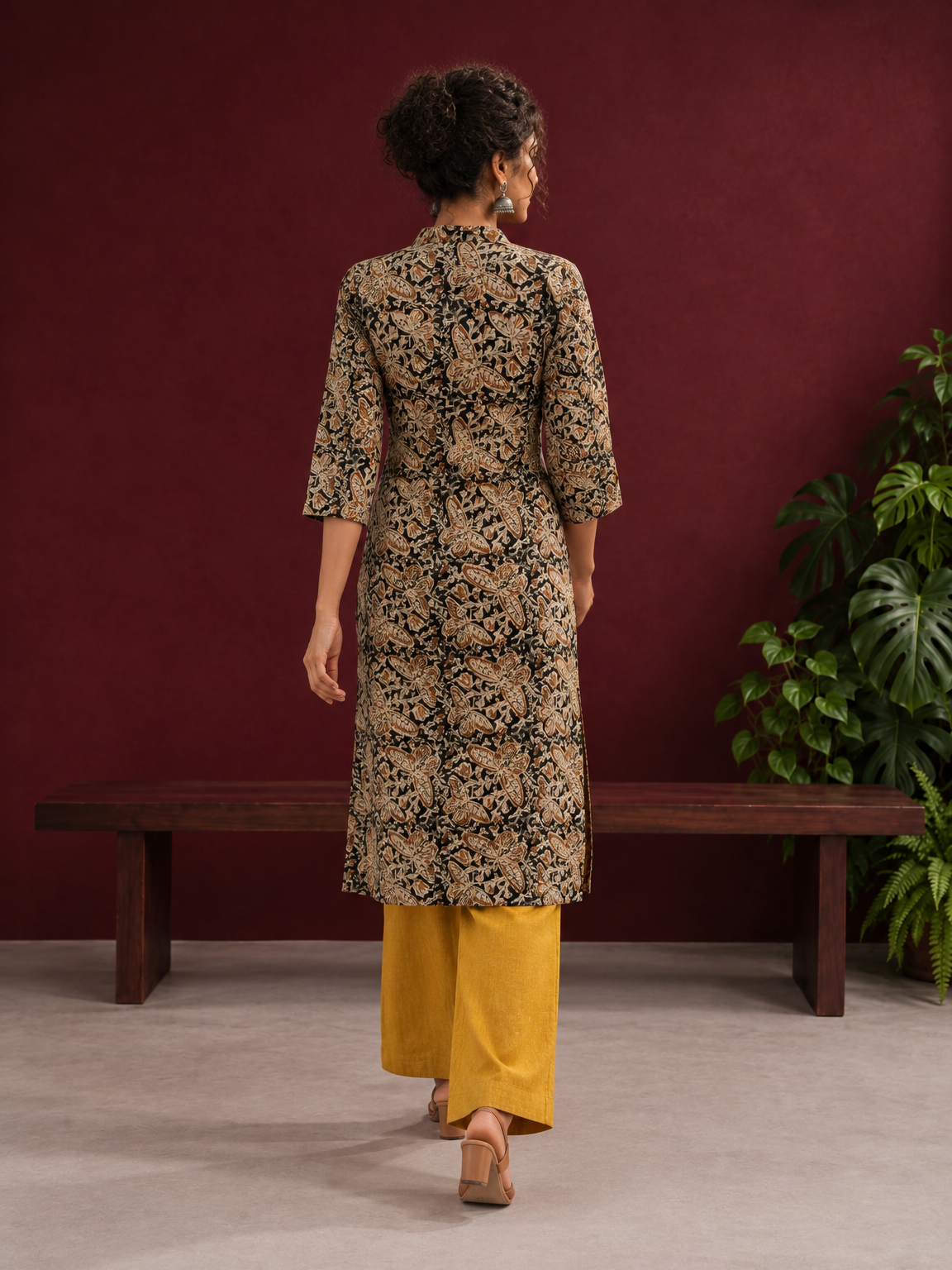 Mustard and Black Cotton Ajrakh Print Kurta with Mandarin Collar with Cuff Notch Slit finished — back view — view 3