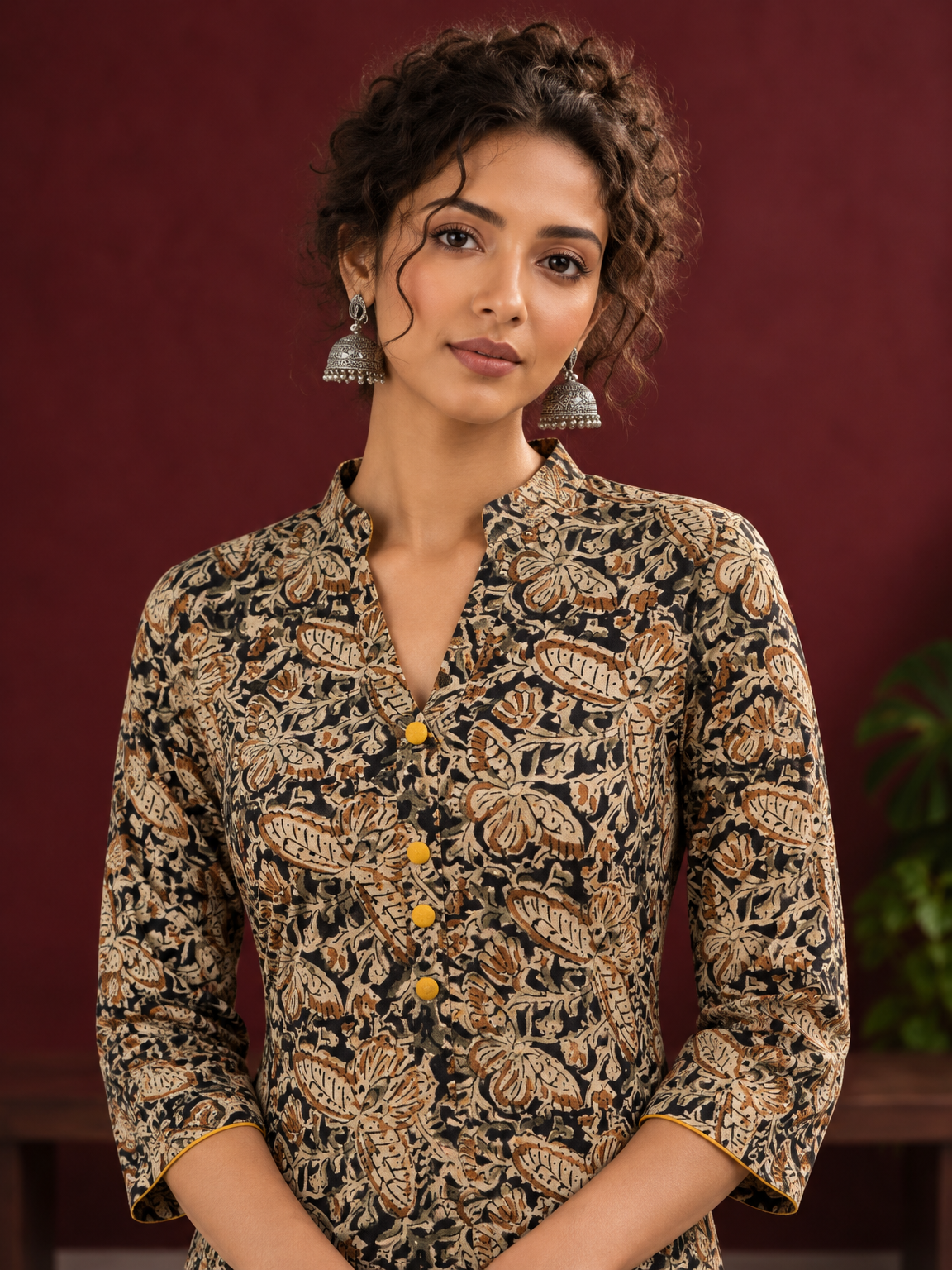 Mustard and Black Cotton Ajrakh Print Kurta with Mandarin Collar with Cuff Notch Slit finished — fabric detail — view 4