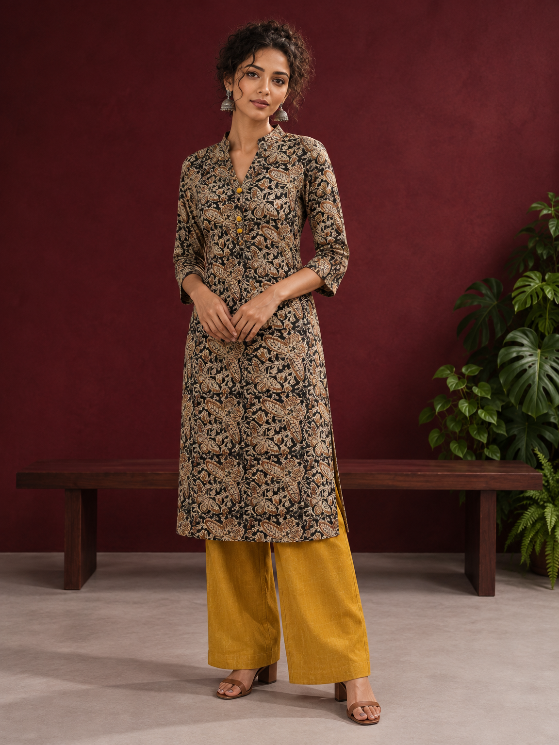 Mustard and Black Cotton Ajrakh Print Kurta with Mandarin Collar with Cuff Notch Slit finished | Optional Pant