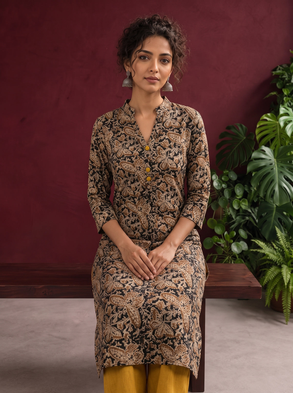 Mustard and Black Cotton Ajrakh Print Kurta with Mandarin Collar with Cuff Notch Slit finished — seated detail — view 2