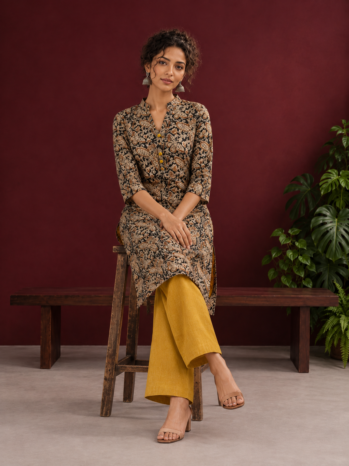 Mustard and Black Cotton Ajrakh Print Kurta with Mandarin Collar with Cuff Notch Slit finished — seated — view 6