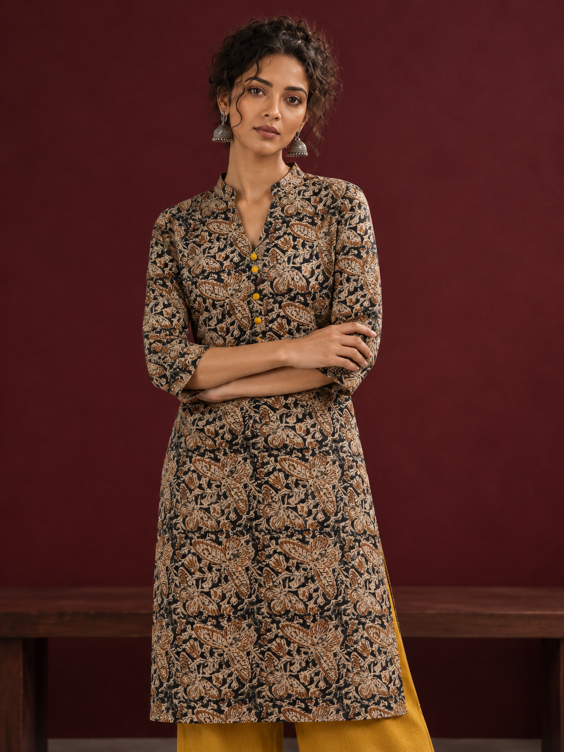 Mustard and Black Cotton Ajrakh Print Kurta with Mandarin Collar with Cuff Notch Slit finished — styled view — view 5