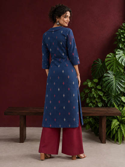 Navy Blue Cotton Kurta with Ikat Motif Print and Contrast Red Stitched Collar Neckline — back view