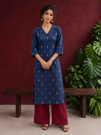 Navy Blue Cotton Kurta with Ikat Motif Print and Contrast Red Stitched Collar Neckline — front view