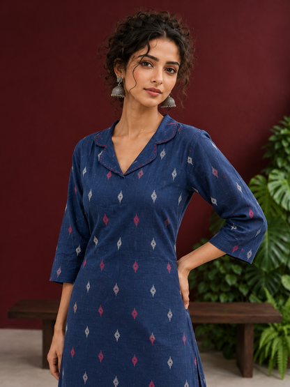 Navy Blue Cotton Kurta with Ikat Motif Print and Contrast Red Stitched Collar Neckline — styled view