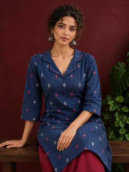 Navy Blue Cotton Kurta with Ikat Motif Print and Contrast Red Stitched Collar Neckline — seated detail