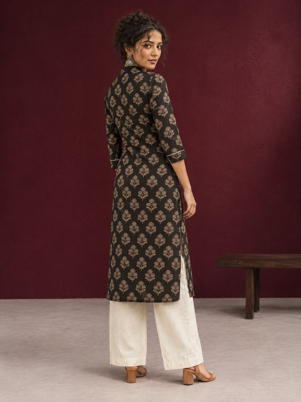 Elegant Black Cotton Kurta with Floral Block Print and Contrast Collar Piping — back view — view 2
