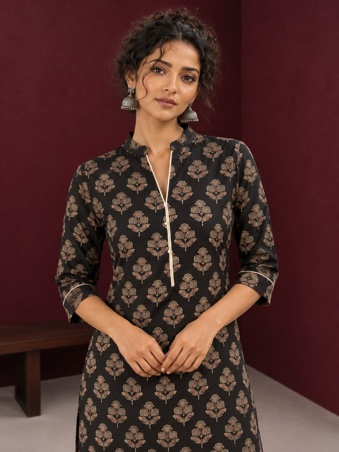 Elegant Black Cotton Kurta with Floral Block Print and Contrast Collar Piping — fabric detail — view 6