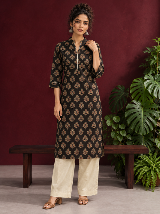 Elegant Black Cotton Kurta with Floral Block Print and Contrast Collar Piping — front view