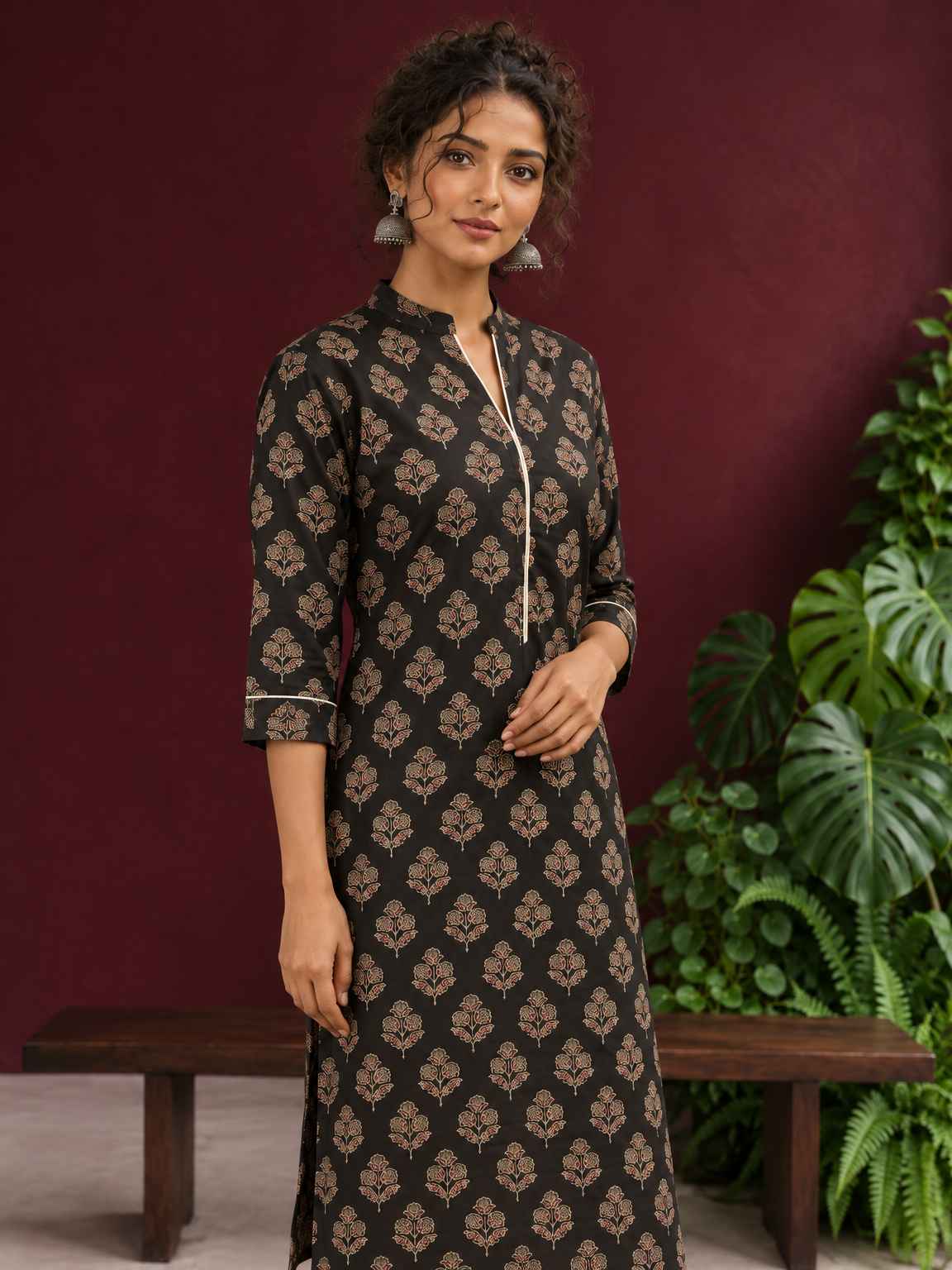 Elegant Black Cotton Kurta with Floral Block Print and Contrast Collar Piping — styled view — view 3