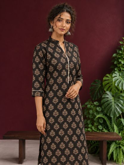 Elegant Black Cotton Kurta with Floral Block Print and Contrast Collar Piping — styled view