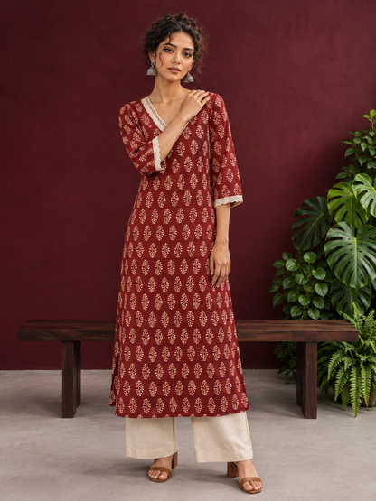 Maroon Cotton Ajrakh Kurta with Floral Motif Block Print and Crochet Lace V-Neck & Sleeve Cuffs — front view
