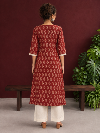 Maroon Cotton Ajrakh Kurta with Floral Motif Block Print and Crochet Lace V-Neck & Sleeve Cuffs — back view