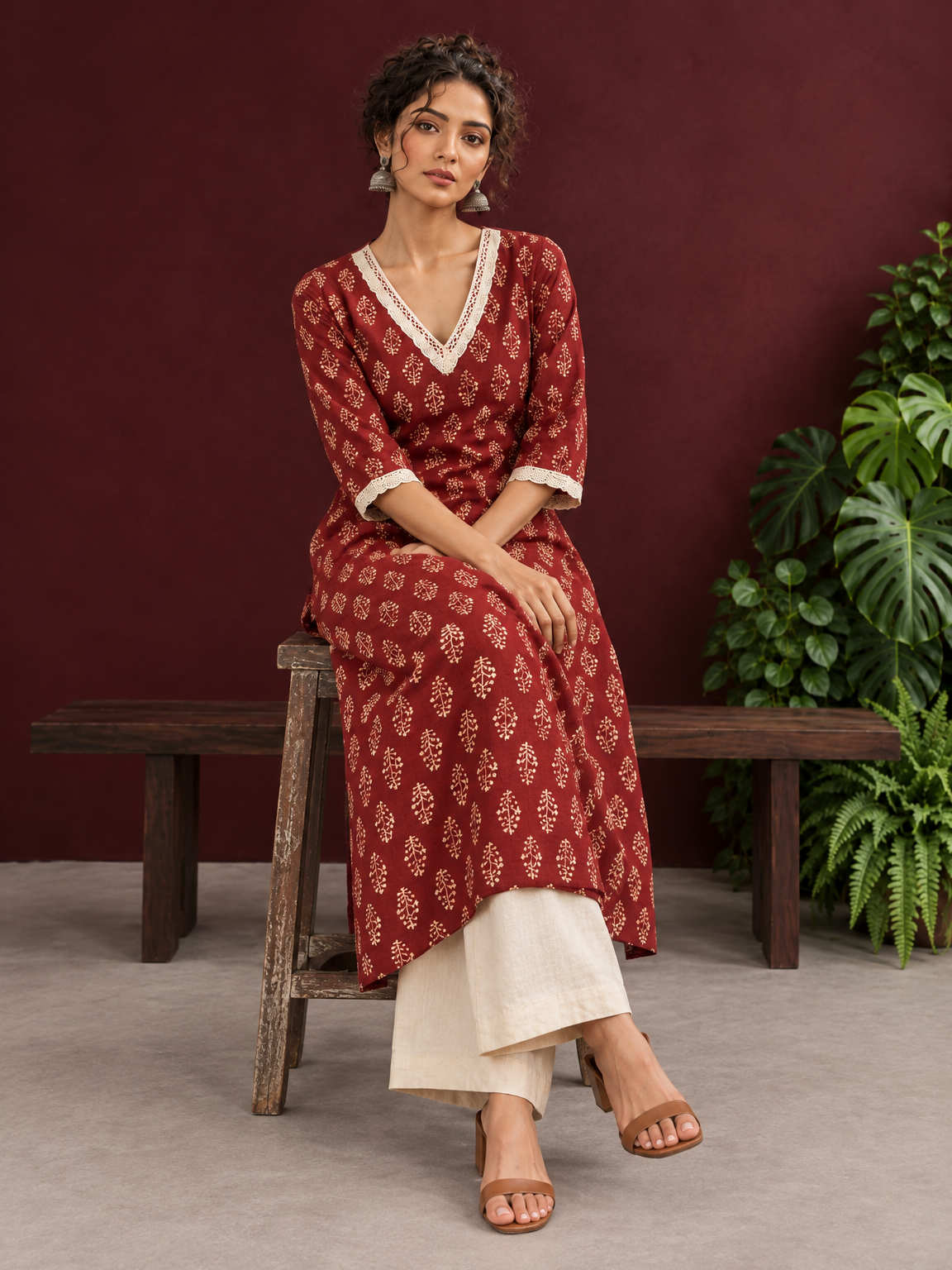 Maroon Cotton Ajrakh Kurta with Floral Motif Block Print and Crochet Lace V-Neck & Sleeve Cuffs | Optional Pant