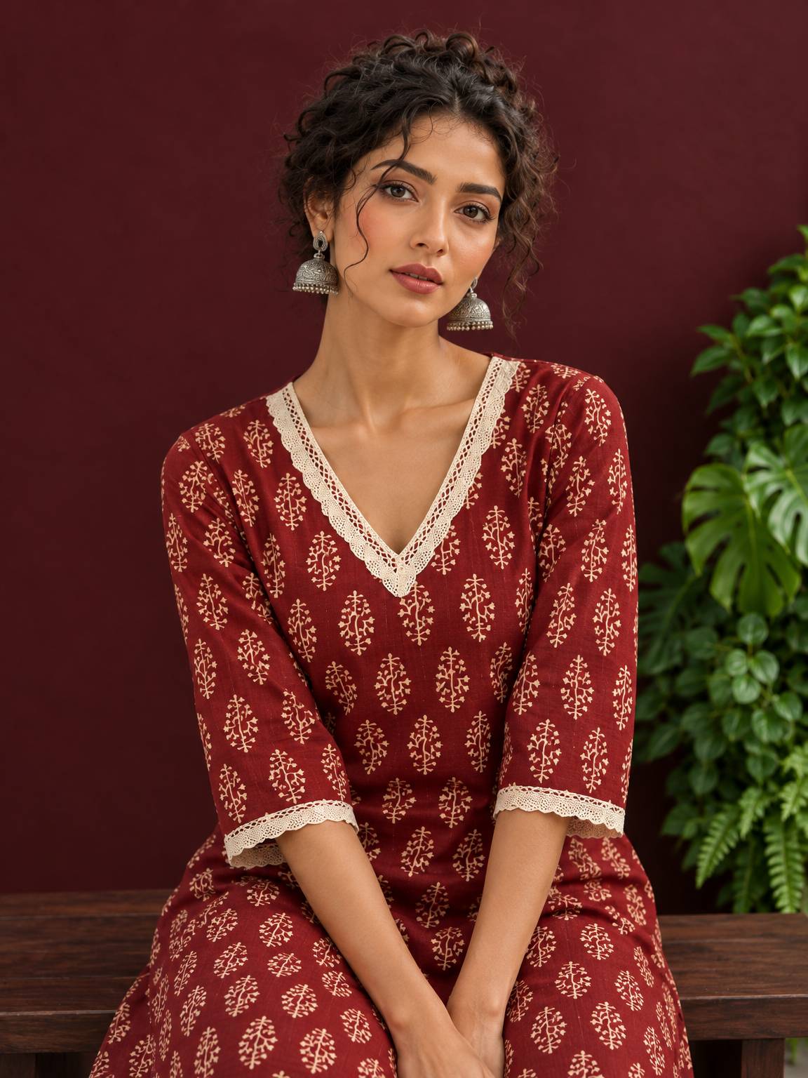 Maroon Cotton Ajrakh Kurta with Floral Motif Block Print and Crochet Lace V-Neck & Sleeve Cuffs — seated detail — view 6