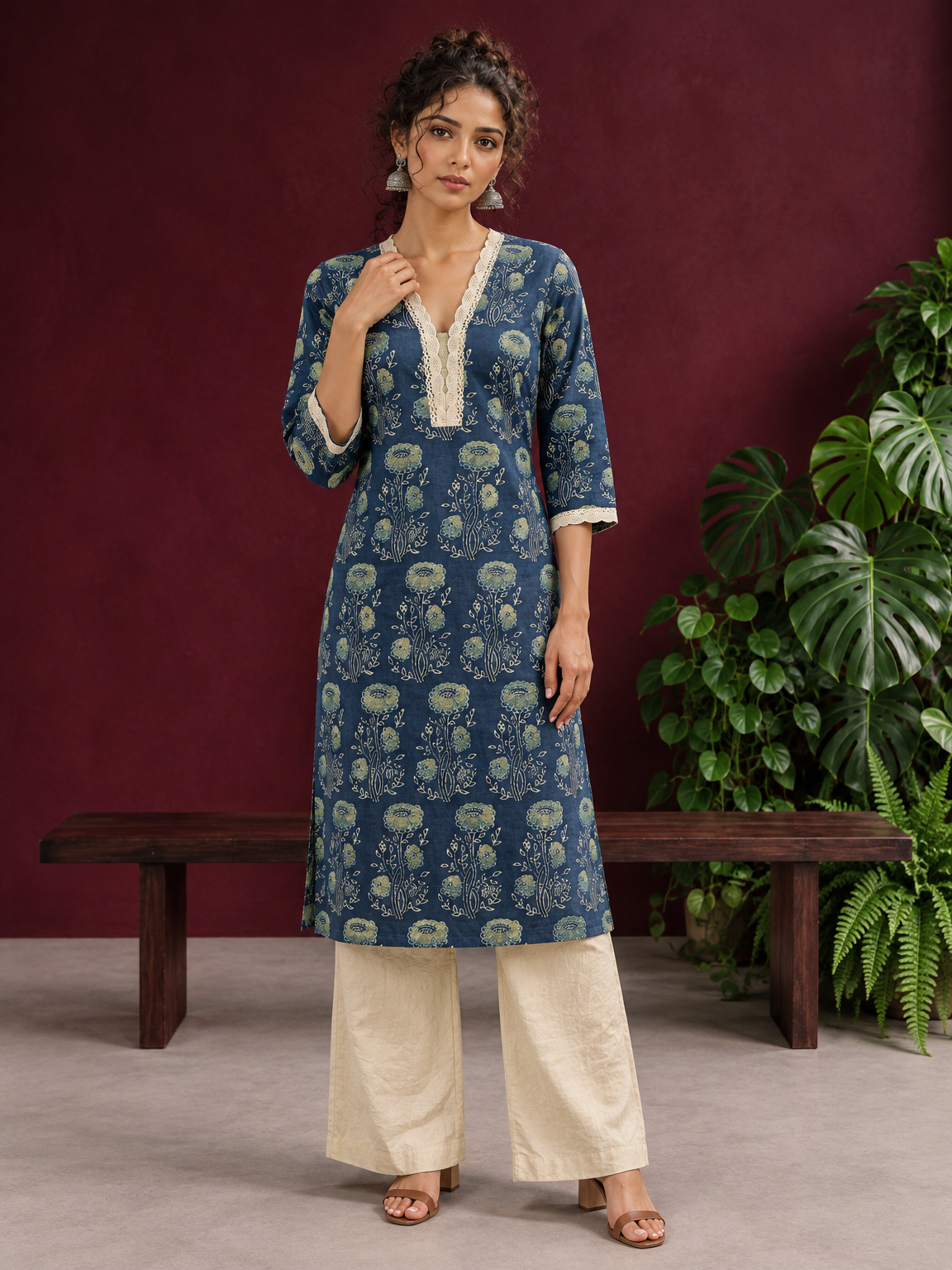 Elegant Indigo Blue Cotton Kurta with Floral Block Print and Crochet Lace V-Neck Trim — front view