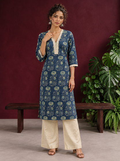 Elegant Indigo Blue Cotton Kurta with Floral Block Print and Crochet Lace V-Neck Trim — front view