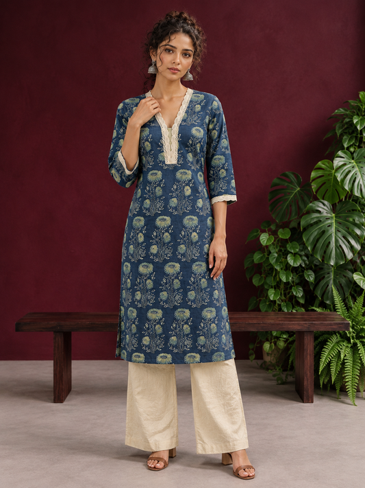 Elegant Indigo Blue Cotton Kurta with Floral Block Print and Crochet Lace V-Neck Trim — front view