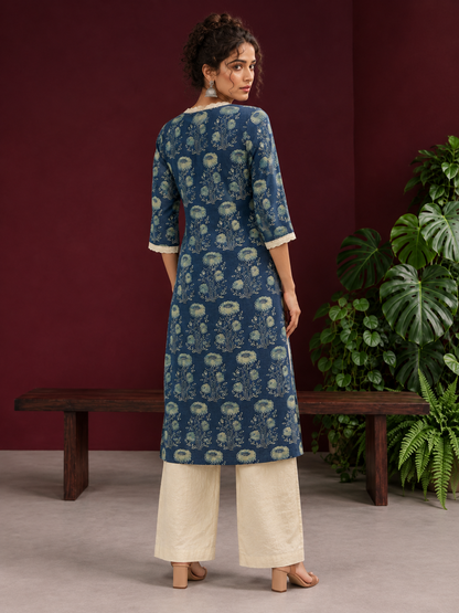Elegant Indigo Blue Cotton Kurta with Floral Block Print and Crochet Lace V-Neck Trim — back view