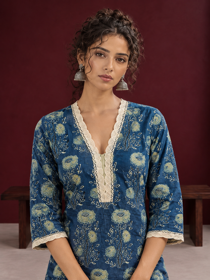 Elegant Indigo Blue Cotton Kurta with Floral Block Print and Crochet Lace V-Neck Trim — fabric detail