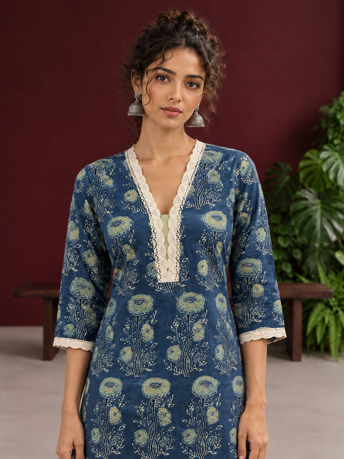 Elegant Indigo Blue Cotton Kurta with Floral Block Print and Crochet Lace V-Neck Trim — styled view — view 2