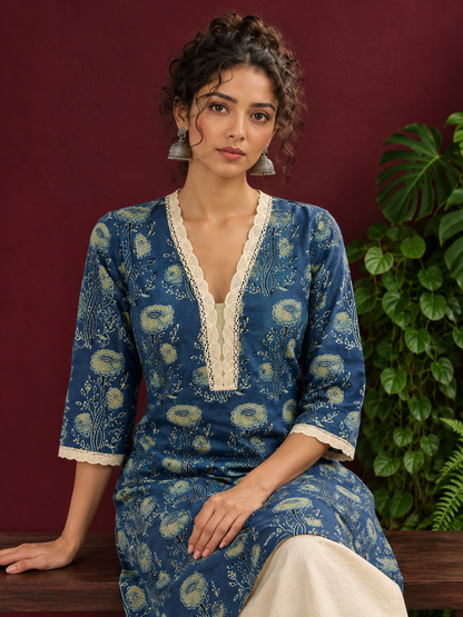 Elegant Indigo Blue Cotton Kurta with Floral Block Print and Crochet Lace V-Neck Trim — seated detail