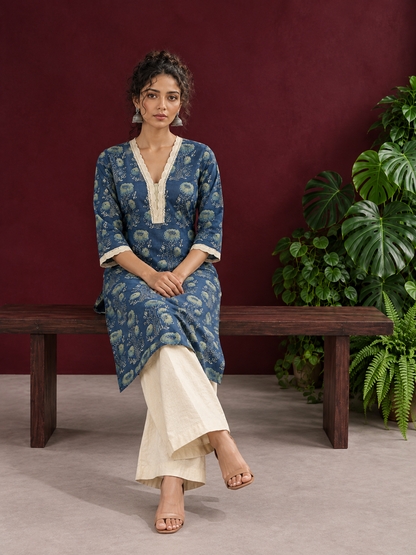 Elegant Indigo Blue Cotton Kurta with Floral Block Print and Crochet Lace V-Neck Trim — seated